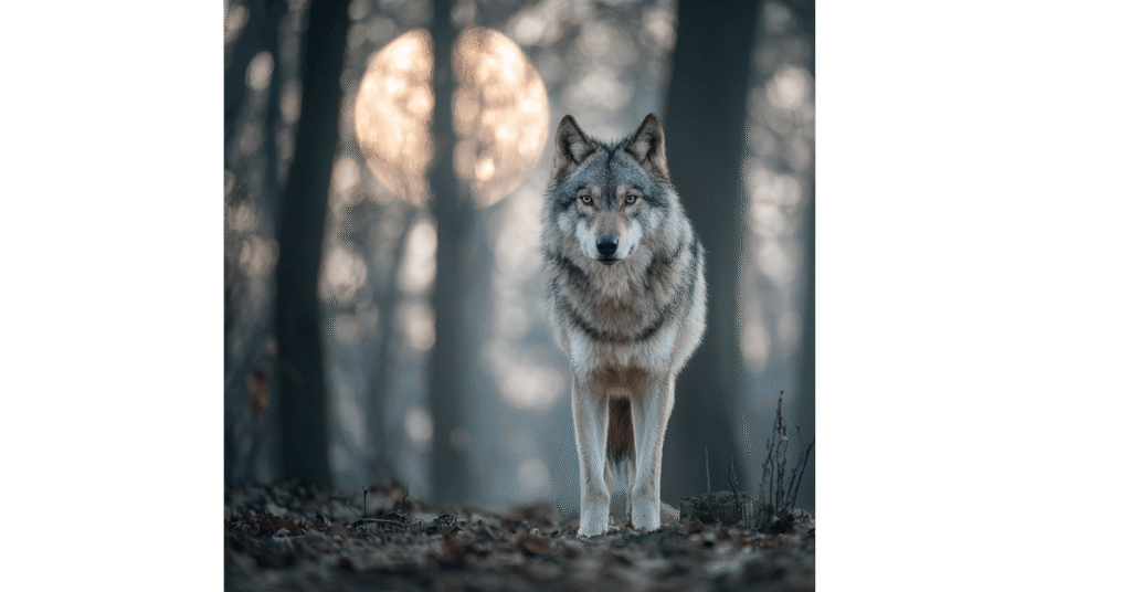 Lobo en un bosque con luna